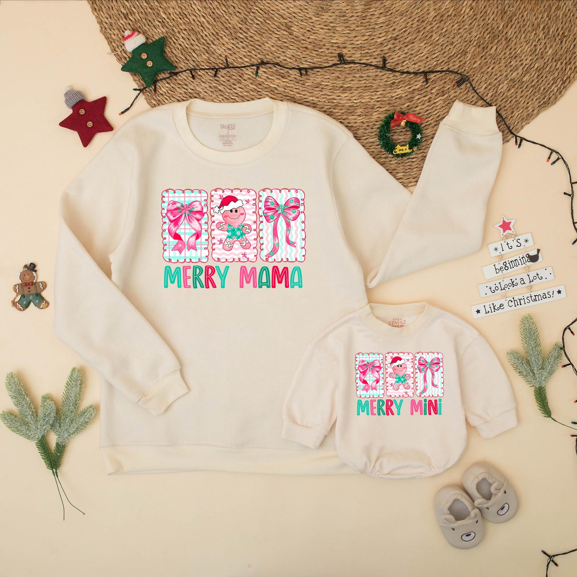 Preppy Merry Mama Mini Matching Family Christmas Sweatshirt Romper Set with Gingerbread Pink Bows Playful Pastel Girly Design Gift