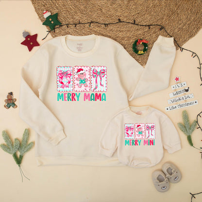 Preppy Merry Mama Mini Matching Family Christmas Sweatshirt Romper Set with Gingerbread Pink Bows Playful Pastel Girly Design Gift
