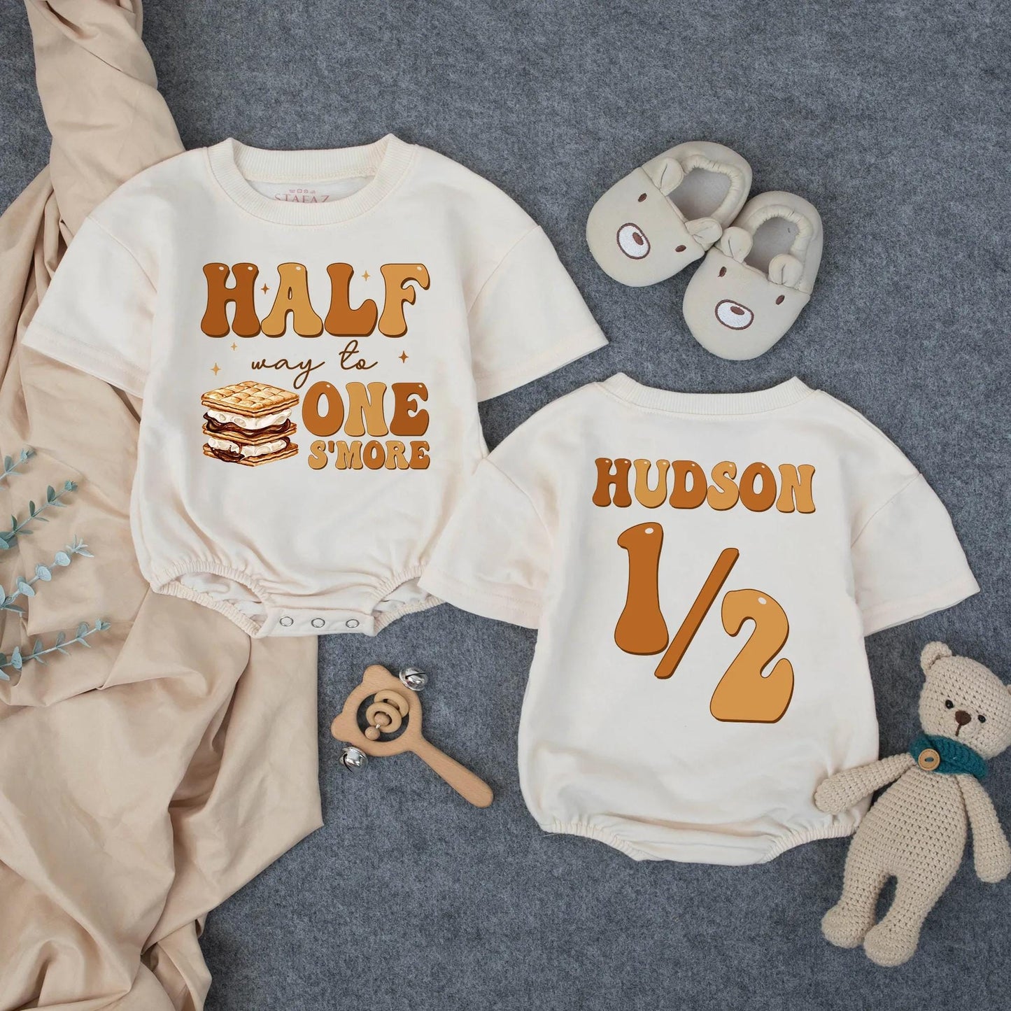 Personalized Half Way to One S'more Romper: Custom Name 1/2 Birthday Outfit Baby Boy 6 Month Milestone Clothes S'more Graphic Baby Shower Gift 138 chars
