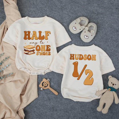 Personalized Half Way to One S'more Romper: Custom Name 1/2 Birthday Outfit Baby Boy 6 Month Milestone Clothes S'more Graphic Baby Shower Gift 138 chars