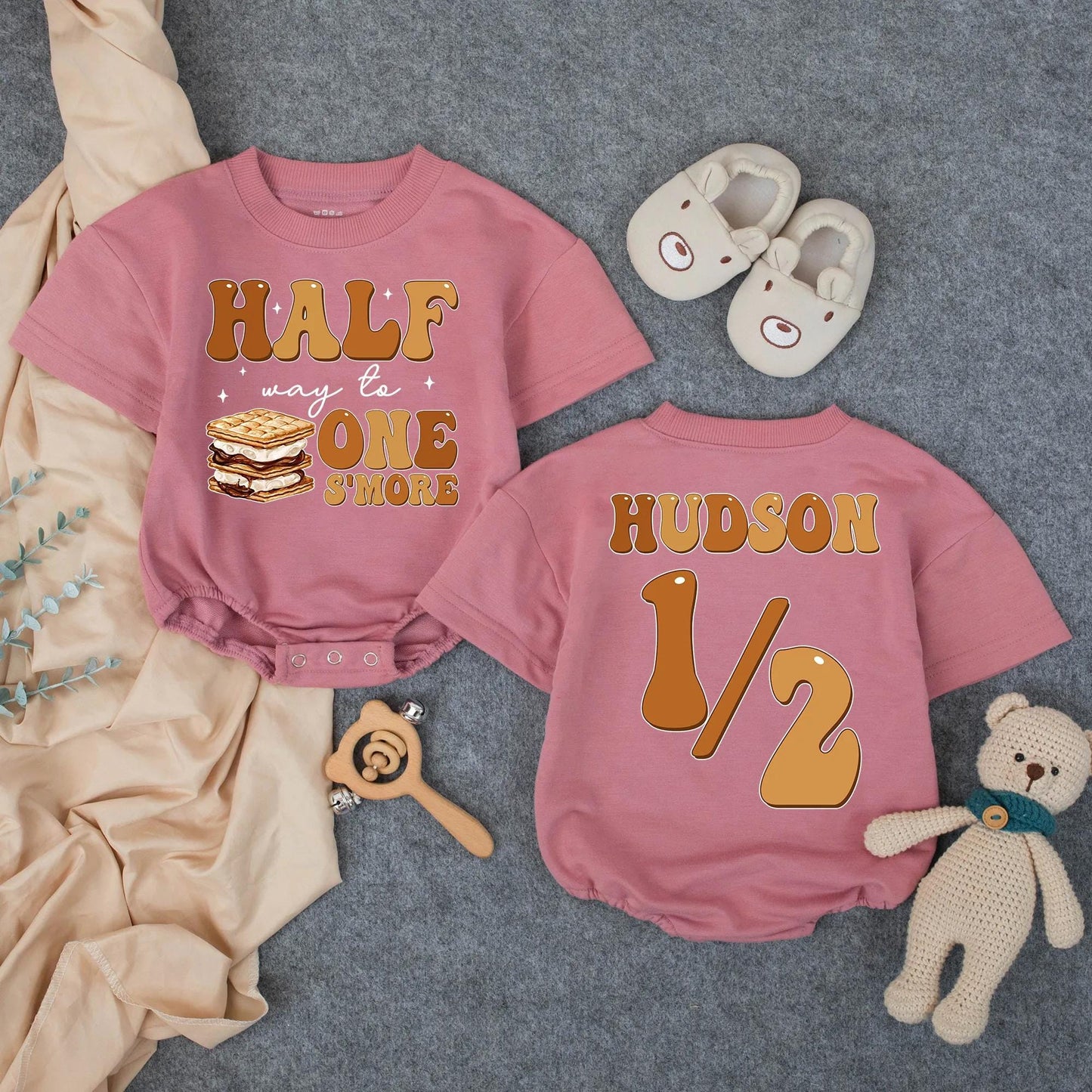 Personalized Half Way to One S'more Romper: Custom Name 1/2 Birthday Outfit Baby Boy 6 Month Milestone Clothes S'more Graphic Baby Shower Gift 138 chars