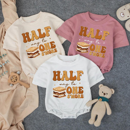 Personalized Half Way to One S'more Romper: Custom Name 1/2 Birthday Outfit Baby Boy 6 Month Milestone Clothes S'more Graphic Baby Shower Gift 138 chars