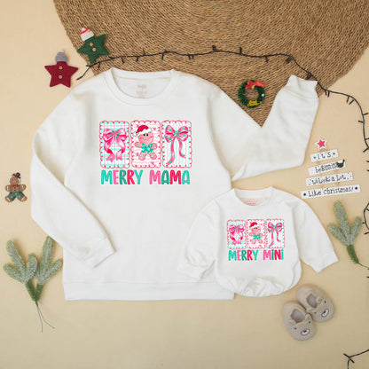 Preppy Merry Mama Mini Matching Family Christmas Sweatshirt Romper Set with Gingerbread Pink Bows Playful Pastel Girly Design Gift