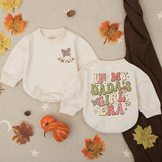 Custom Retro In My Dada's Girl Era Bubble Romper Groovy Baby Girl Outfit Pink Green Yellow Daddy's Girl Toddler Mushroom Flower Heart Design