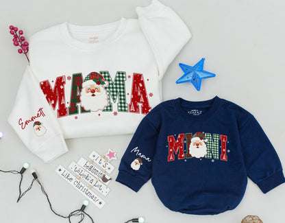Custom Santa Christmas Family Matching Plaid Sweatshirts Mama Mini Dada Letters with Festive Santa Claus Design for Cozy Holiday Gifts