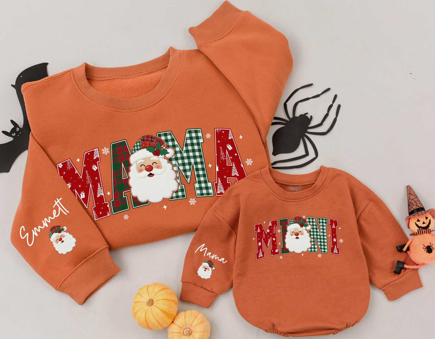 Custom Santa Christmas Family Matching Plaid Sweatshirts Mama Mini Dada Letters with Festive Santa Claus Design for Cozy Holiday Gifts