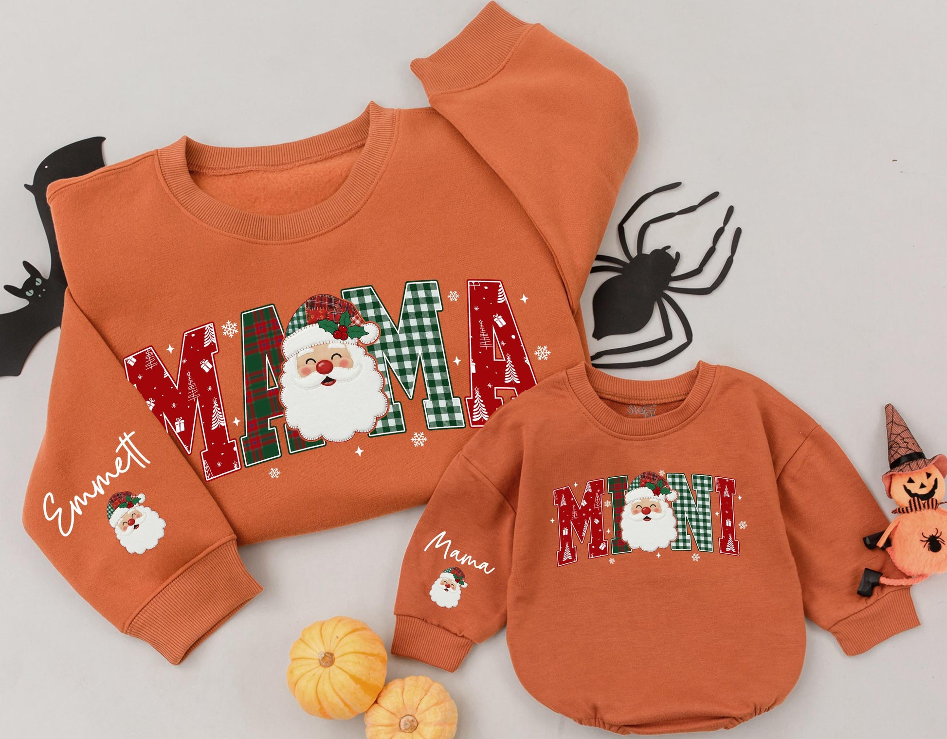 Custom Santa Christmas Family Matching Plaid Sweatshirts Mama Mini Dada Letters with Festive Santa Claus Design for Cozy Holiday Gifts