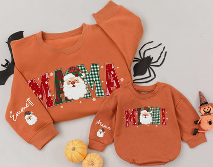 Custom Santa Christmas Family Matching Plaid Sweatshirts Mama Mini Dada Letters with Festive Santa Claus Design for Cozy Holiday Gifts