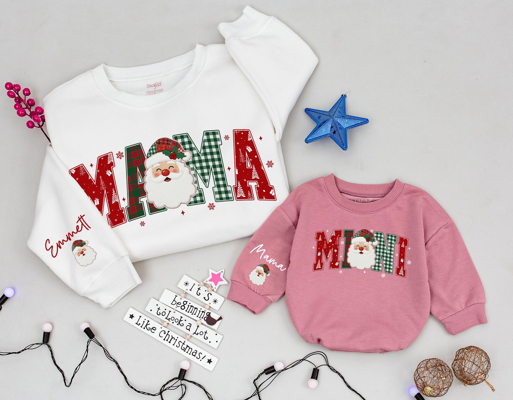 Custom Santa Christmas Family Matching Plaid Sweatshirts Mama Mini Dada Letters with Festive Santa Claus Design for Cozy Holiday Gifts