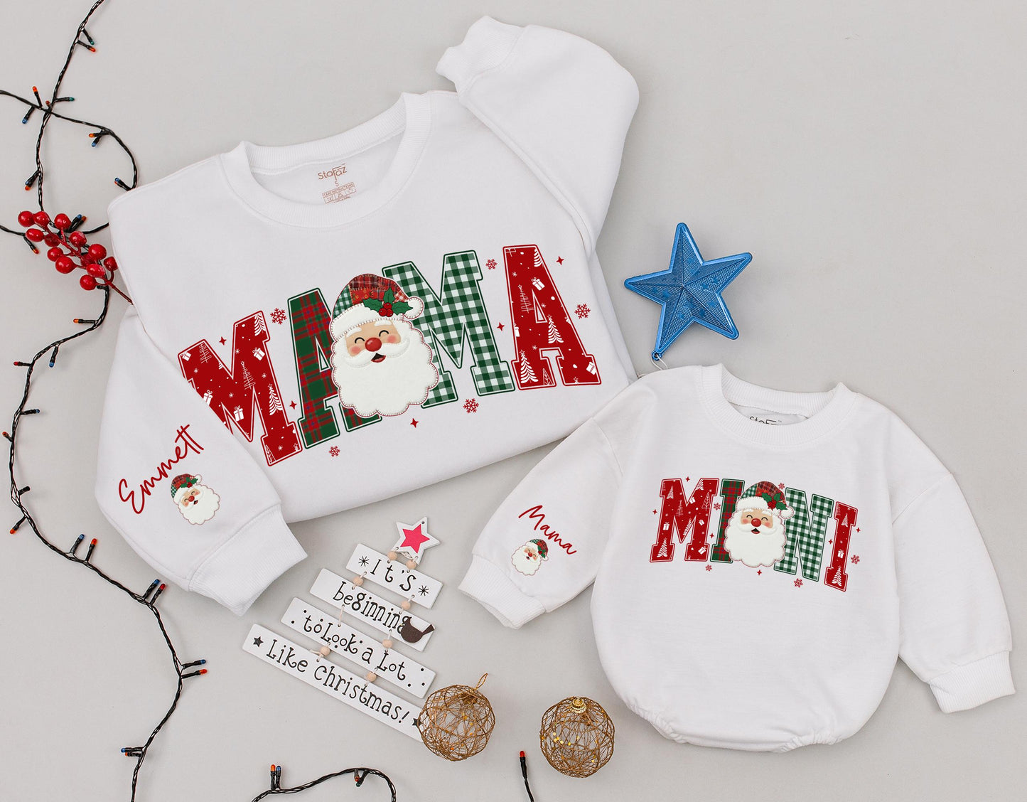 Custom Santa Christmas Family Matching Plaid Sweatshirts Mama Mini Dada Letters with Festive Santa Claus Design for Cozy Holiday Gifts