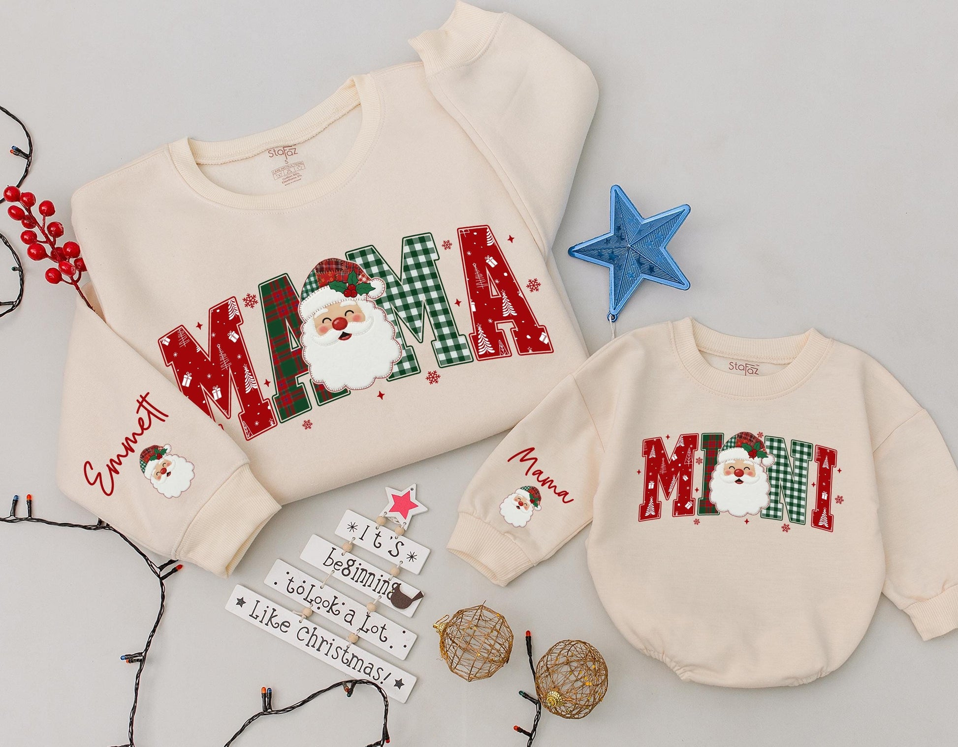 Custom Santa Christmas Family Matching Plaid Sweatshirts Mama Mini Dada Letters with Festive Santa Claus Design for Cozy Holiday Gifts