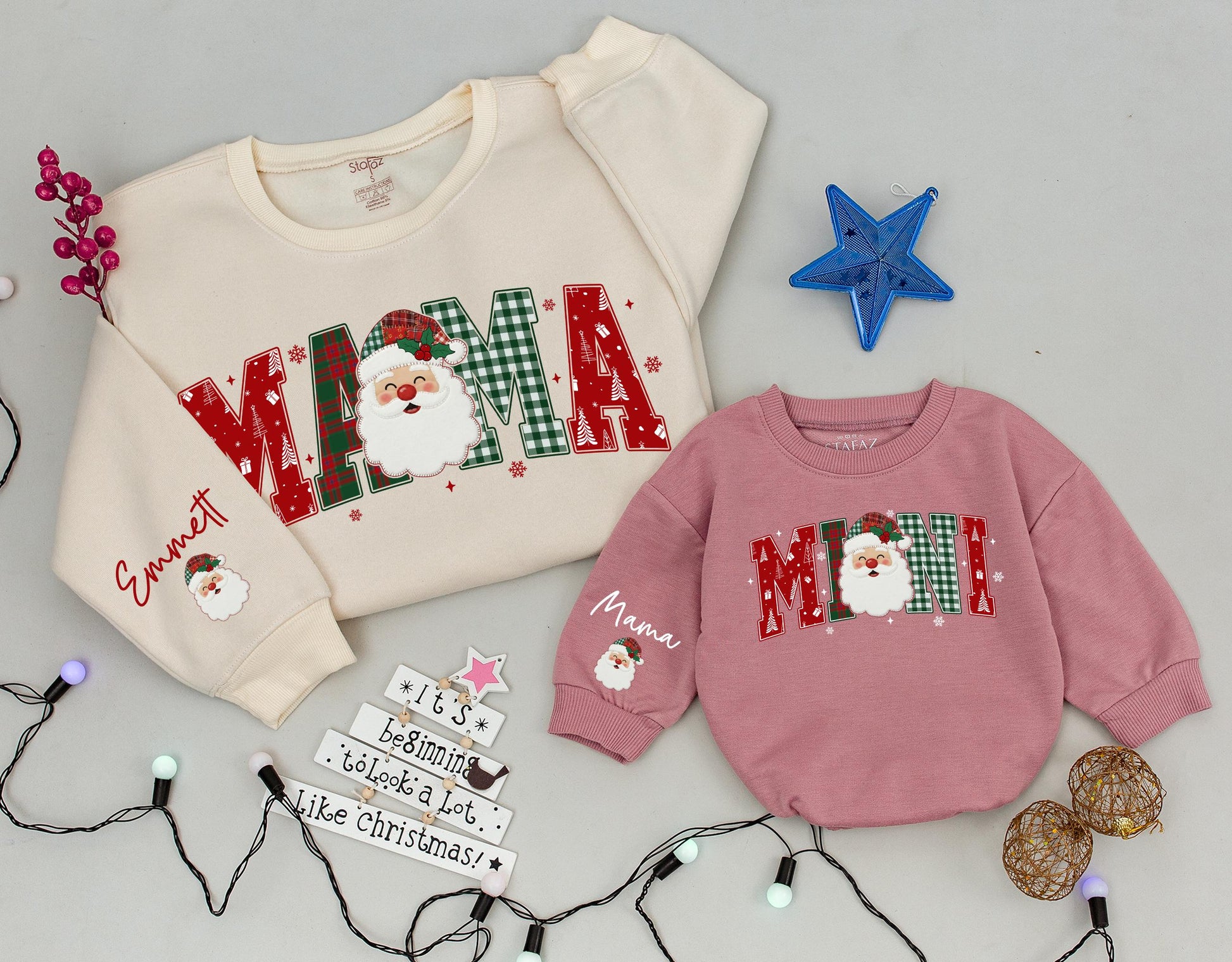 Custom Santa Christmas Family Matching Plaid Sweatshirts Mama Mini Dada Letters with Festive Santa Claus Design for Cozy Holiday Gifts