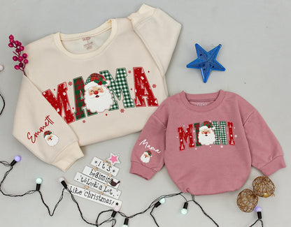 Custom Santa Christmas Family Matching Plaid Sweatshirts Mama Mini Dada Letters with Festive Santa Claus Design for Cozy Holiday Gifts