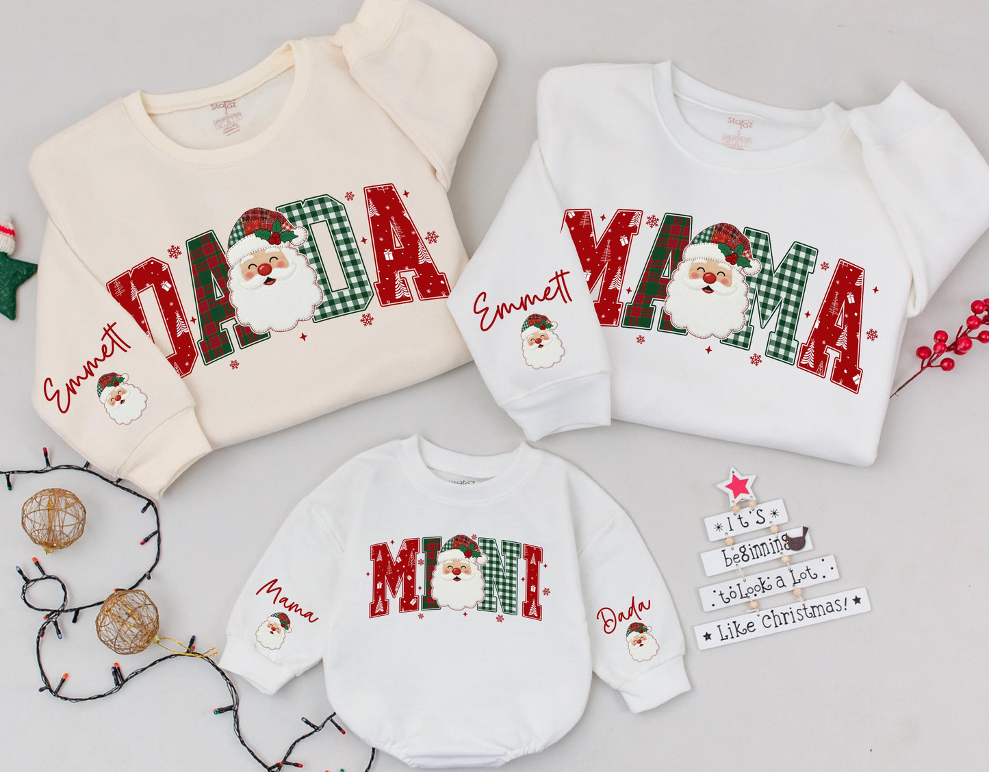 Custom Santa Christmas Family Matching Plaid Sweatshirts Mama Mini Dada Letters with Festive Santa Claus Design for Cozy Holiday Gifts