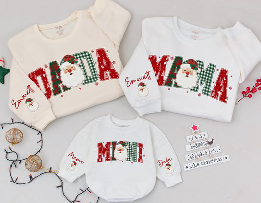 Custom Santa Christmas Family Matching Plaid Sweatshirts Mama Mini Dada Letters with Festive Santa Claus Design for Cozy Holiday Gifts