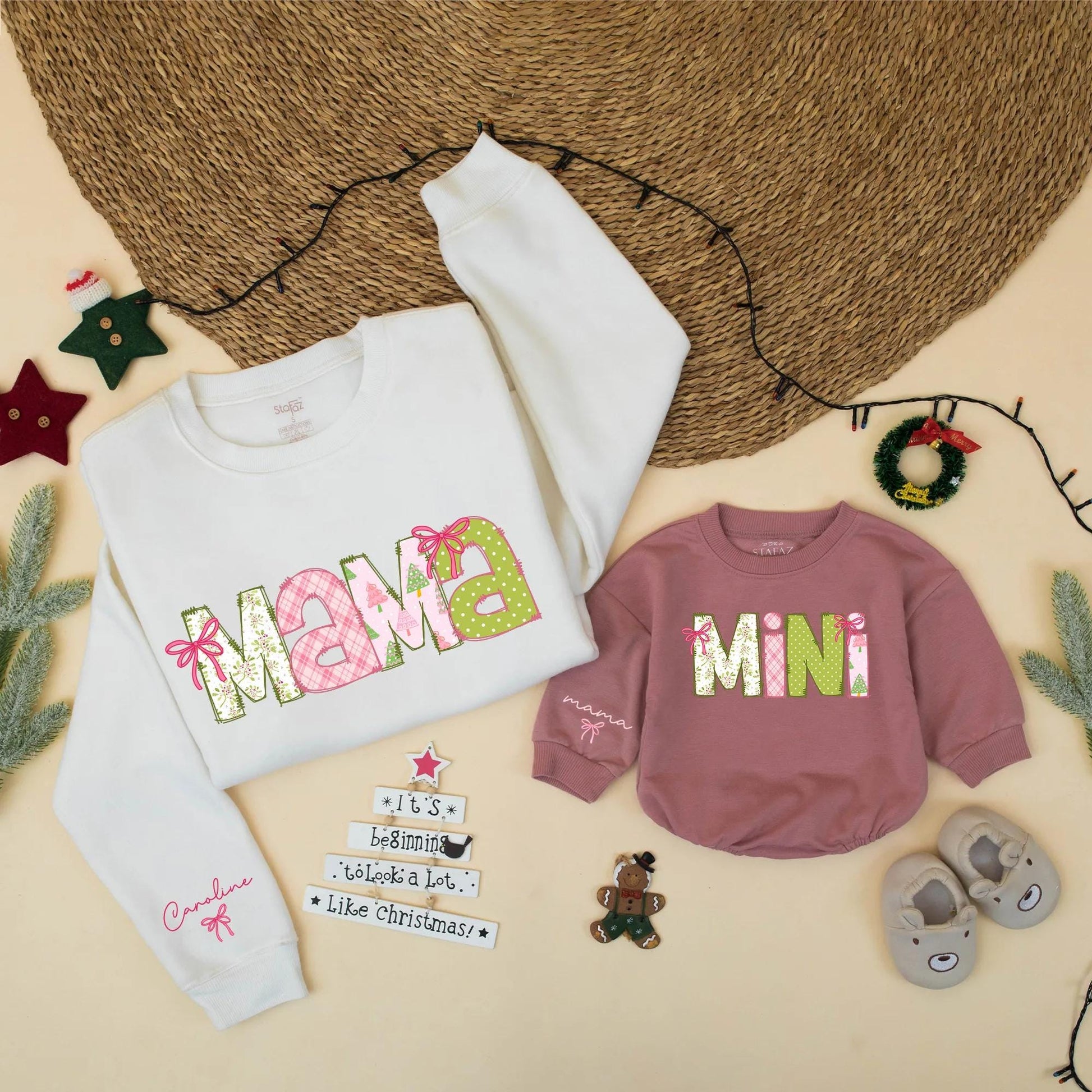 Pink Christmas Mama & Mini Matching Sweatshirt & Baby Girl Romper Set, Personalized Holiday Family Outfit, Christmas Gift