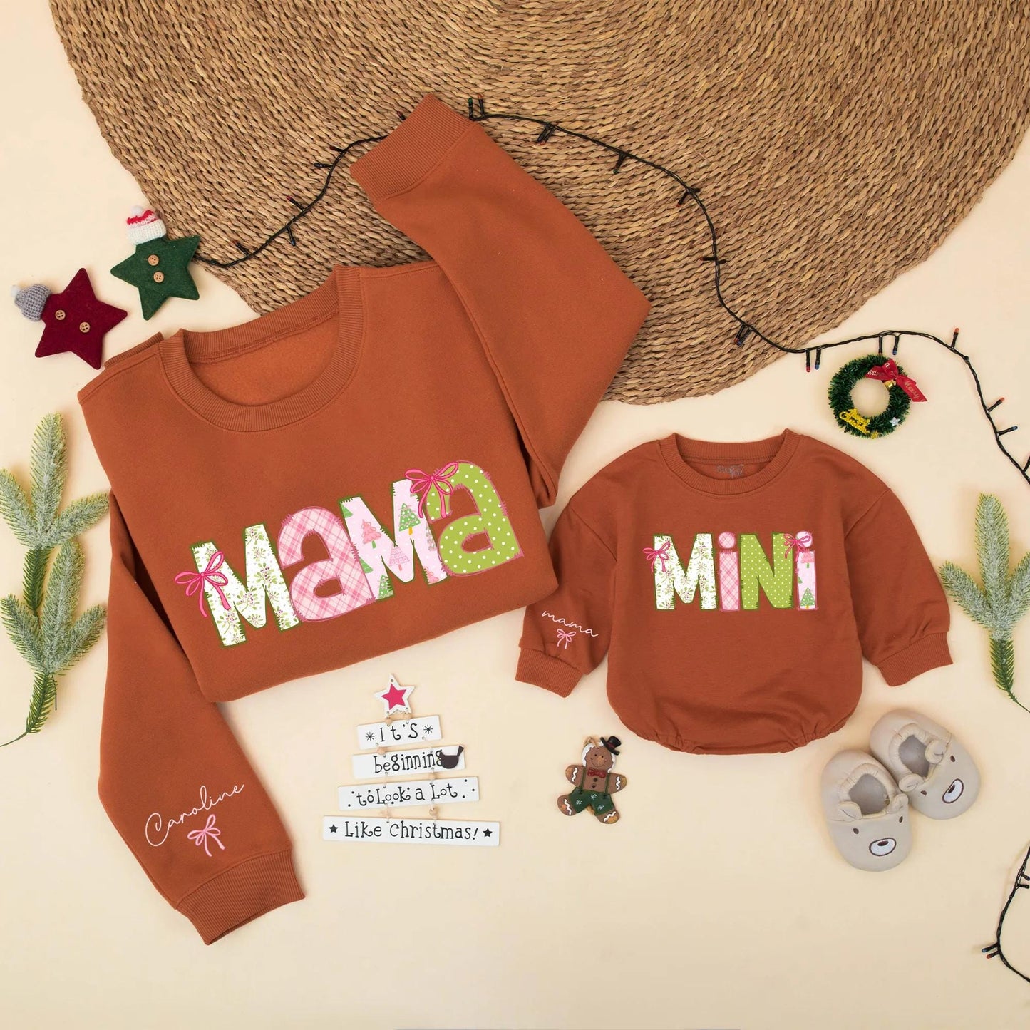 Pink Christmas Mama & Mini Matching Sweatshirt & Baby Girl Romper Set, Personalized Holiday Family Outfit, Christmas Gift