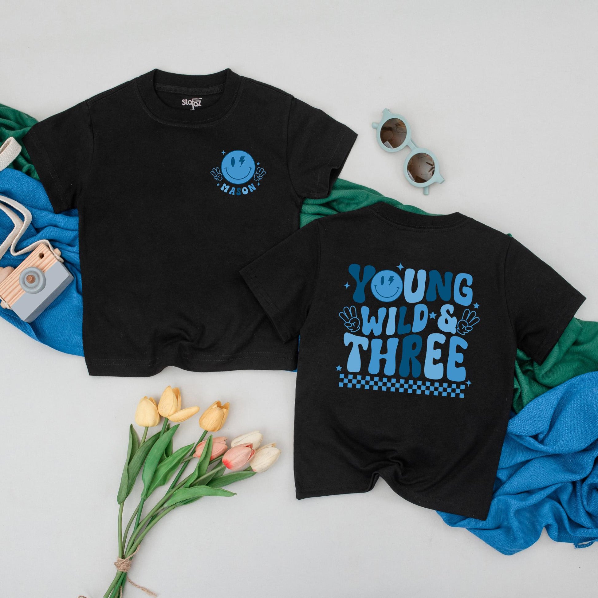 Personalized Mason 3rd Birthday T-Shirt Young Wild & Three Boy Outfit Toddler Tee Third Birthday Gift with Lightning Bolt Smiley Face