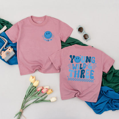 Personalized Mason 3rd Birthday T-Shirt Young Wild & Three Boy Outfit Toddler Tee Third Birthday Gift with Lightning Bolt Smiley Face