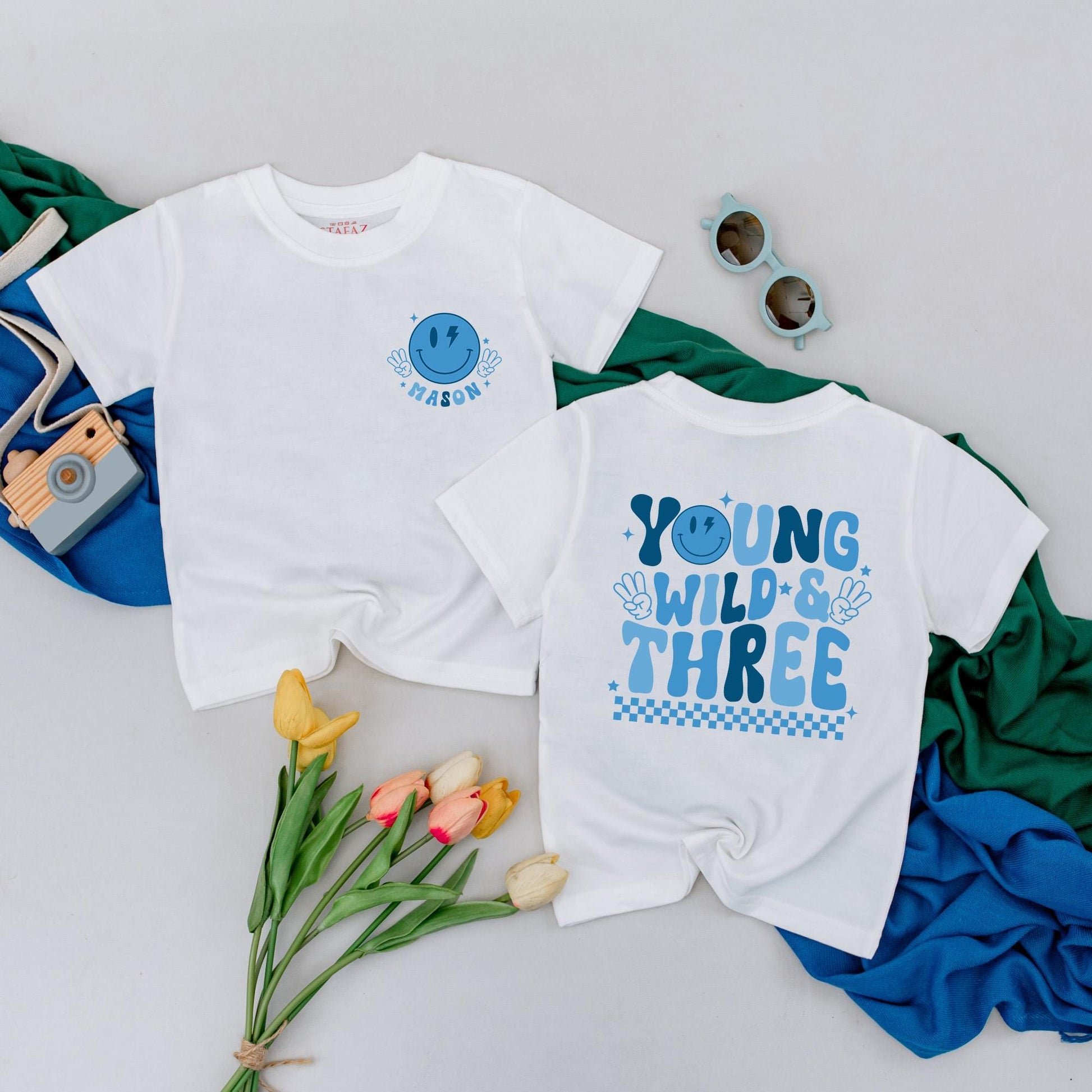 Personalized Mason 3rd Birthday T-Shirt Young Wild & Three Boy Outfit Toddler Tee Third Birthday Gift with Lightning Bolt Smiley Face