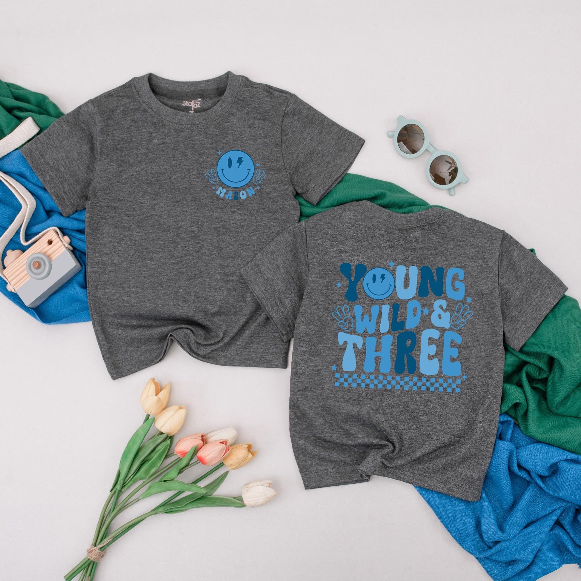 Personalized Mason 3rd Birthday T-Shirt Young Wild & Three Boy Outfit Toddler Tee Third Birthday Gift with Lightning Bolt Smiley Face