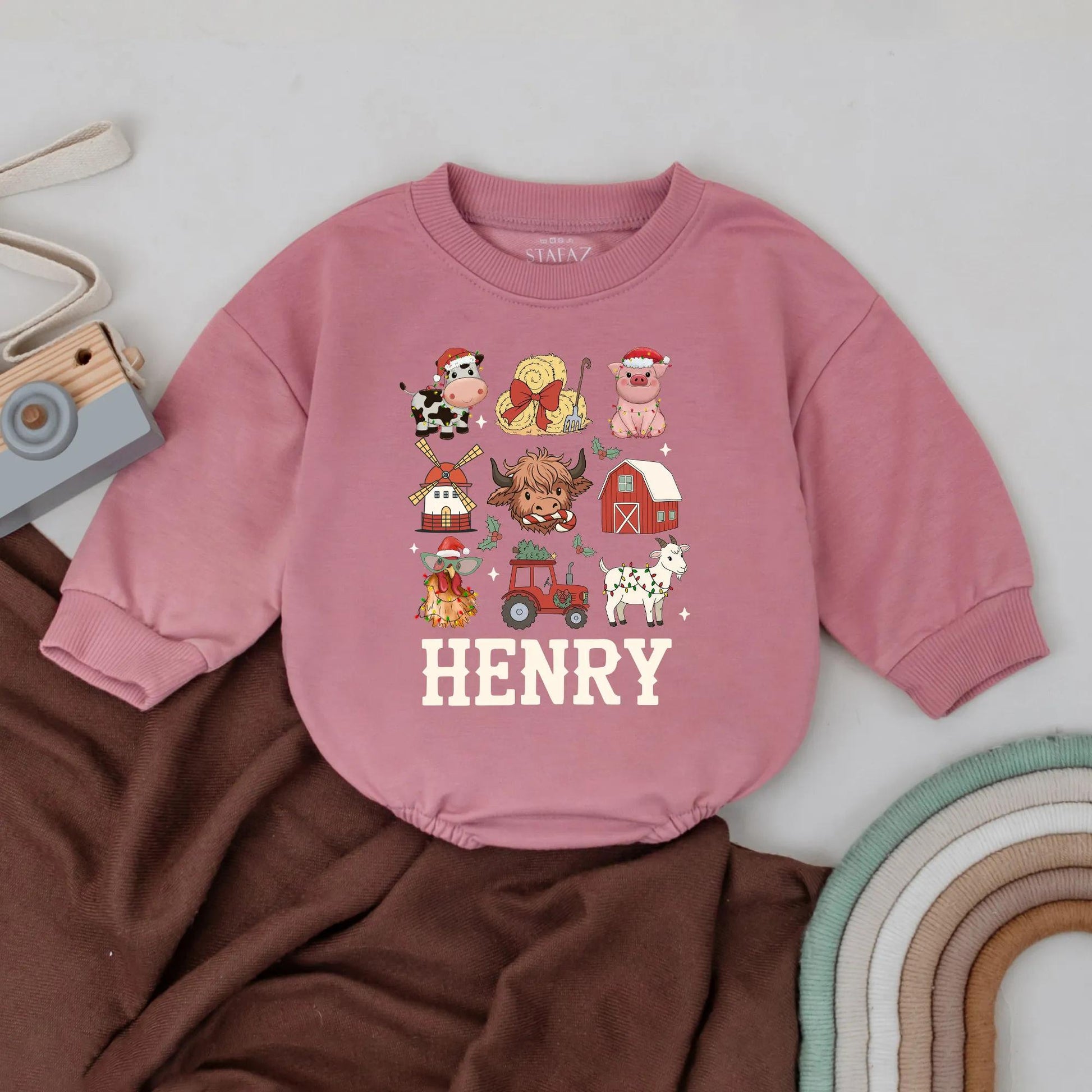Personalized Name Highland Cow Christmas Bubble Romper for Baby's First Holiday Outfit Funny Animal Bodysuit Western Style Baby Gift
