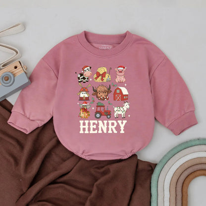 Personalized Name Highland Cow Christmas Bubble Romper for Baby's First Holiday Outfit Funny Animal Bodysuit Western Style Baby Gift
