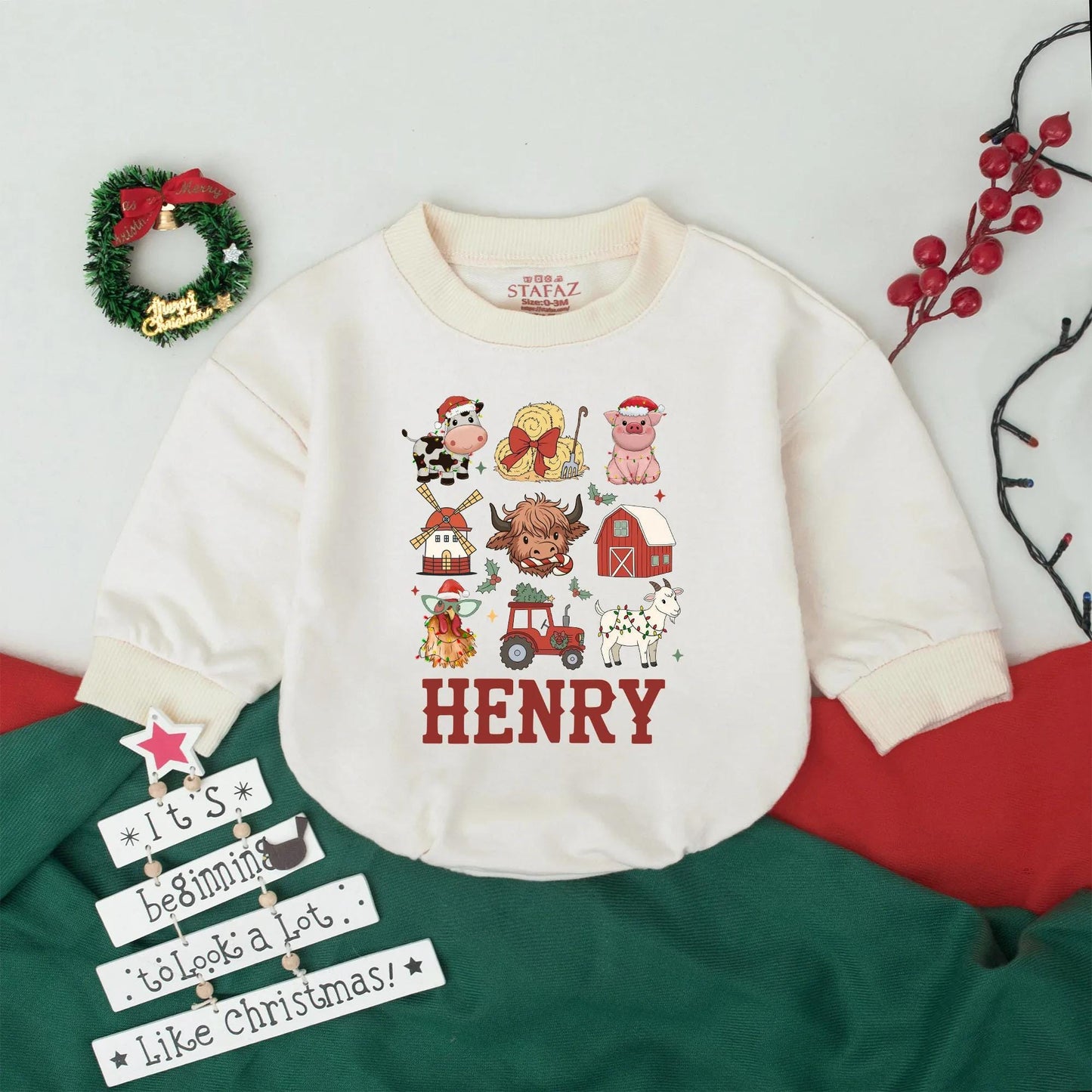 Personalized Name Highland Cow Christmas Bubble Romper for Baby's First Holiday Outfit Funny Animal Bodysuit Western Style Baby Gift