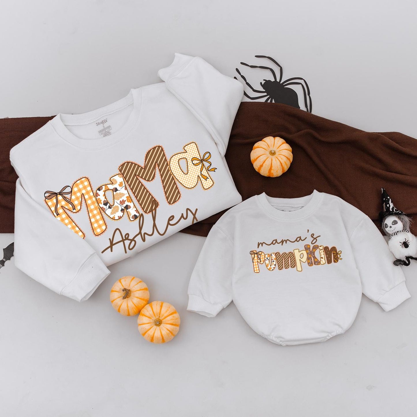 Personalized Mama & Mama's Pumpkin Matching Fall Sweatshirts Autumn Family Outfit Gingham Leaves Design Mommy and Me Thanksgiving Sweater