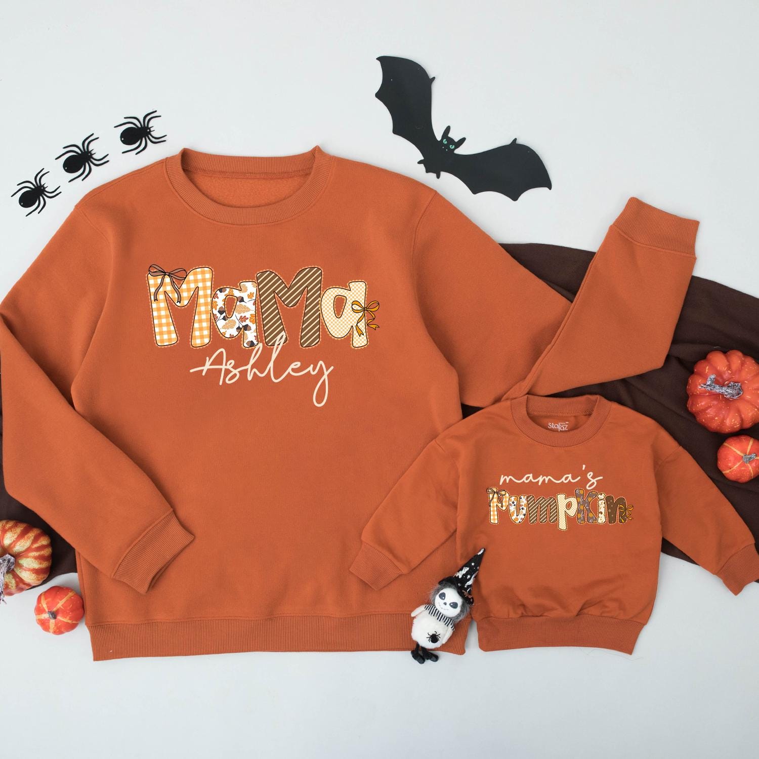 Personalized Mama & Mama's Pumpkin Matching Fall Sweatshirts Autumn Family Outfit Gingham Leaves Design Mommy and Me Thanksgiving Sweater