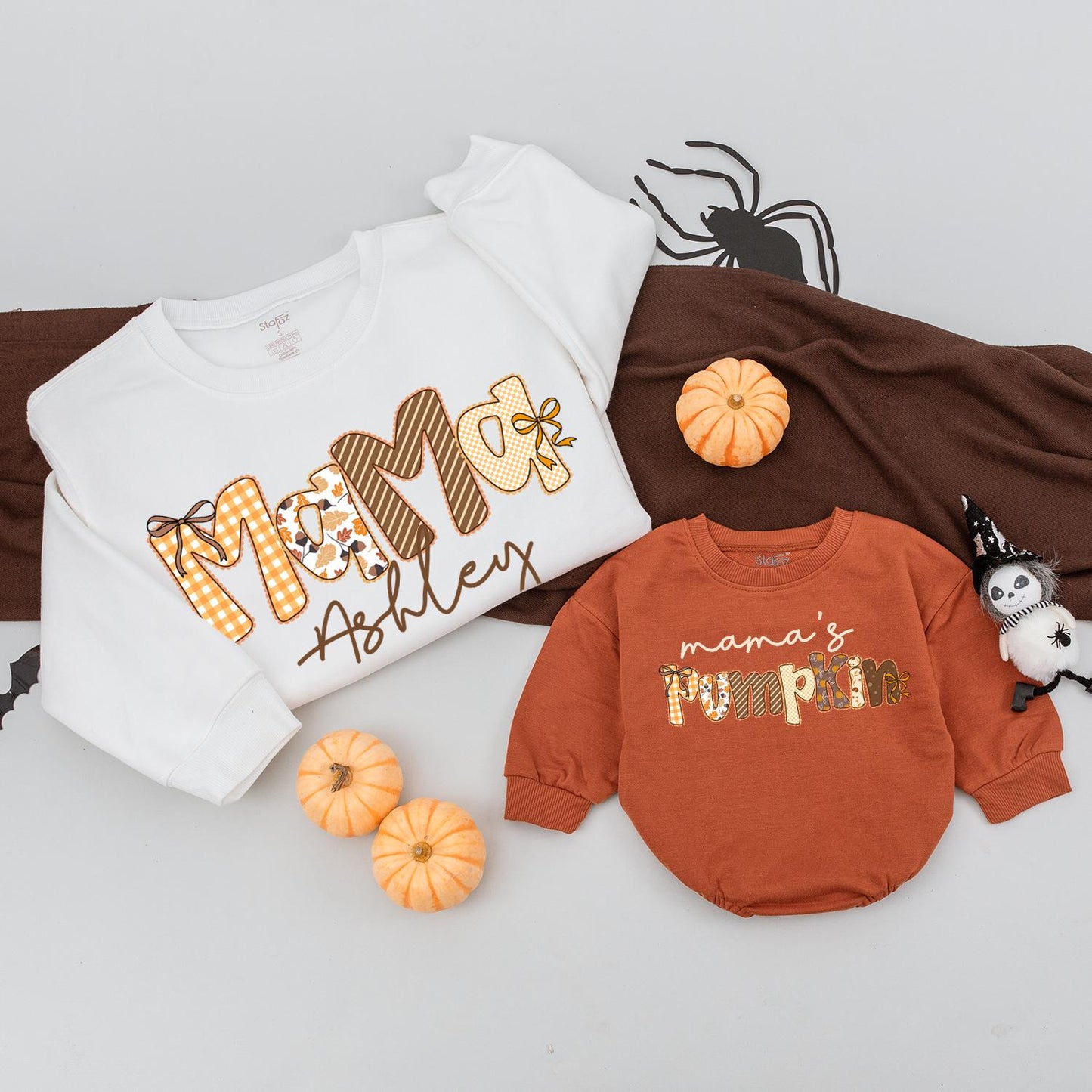 Personalized Mama & Mama's Pumpkin Matching Fall Sweatshirts Autumn Family Outfit Gingham Leaves Design Mommy and Me Thanksgiving Sweater