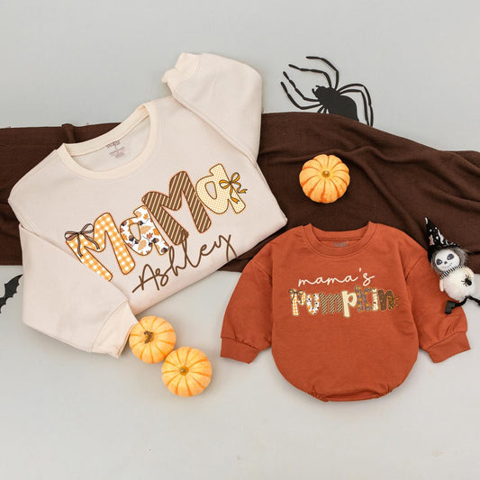 Personalized Mama & Mama's Pumpkin Matching Fall Sweatshirts Autumn Family Outfit Gingham Leaves Design Mommy and Me Thanksgiving Sweater