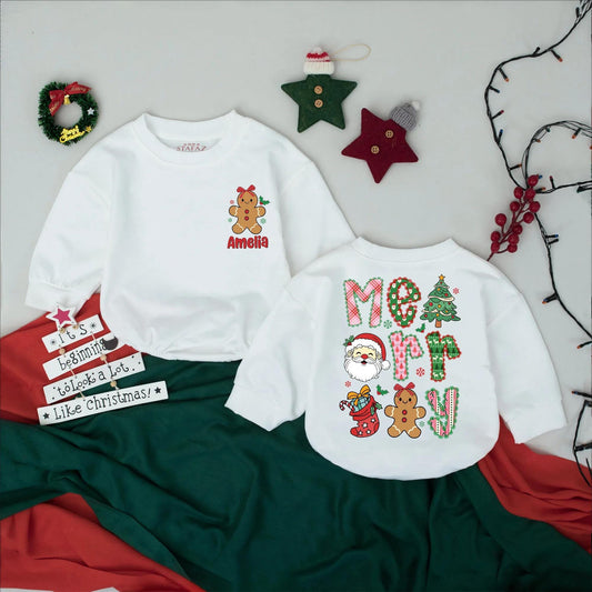 Personalized Preppy Merry Christmas Bubble Romper Baby's First Holiday Outfit Retro Vintage Infant Bodysuit Unique Gift Idea