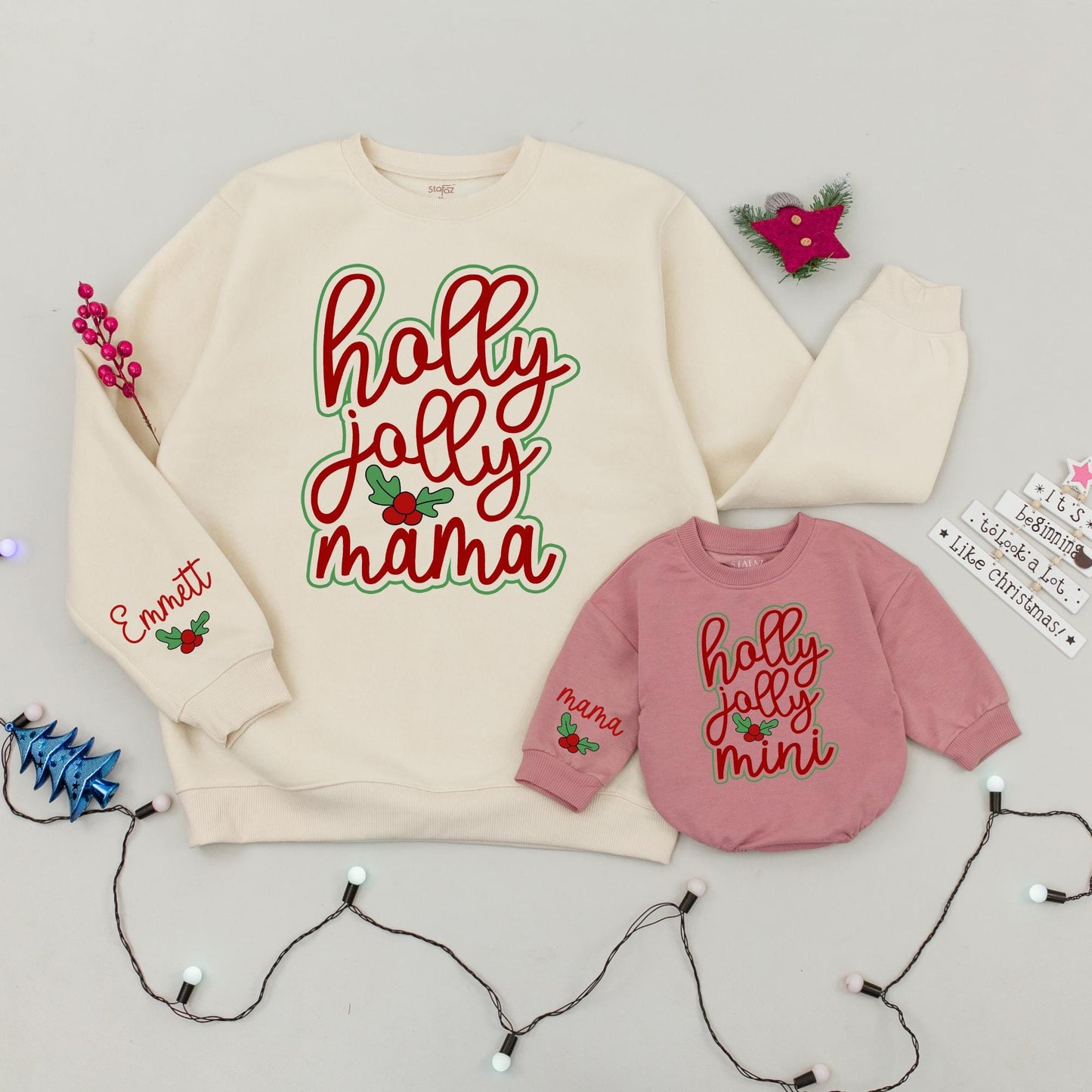 Holly Jolly Mama and Mini Matching Christmas Sweatshirts, Festive Mommy and Me Holiday Outfit, Personalized Sleeve, Cute Family Xmas Gift, Red & Green 139 chars