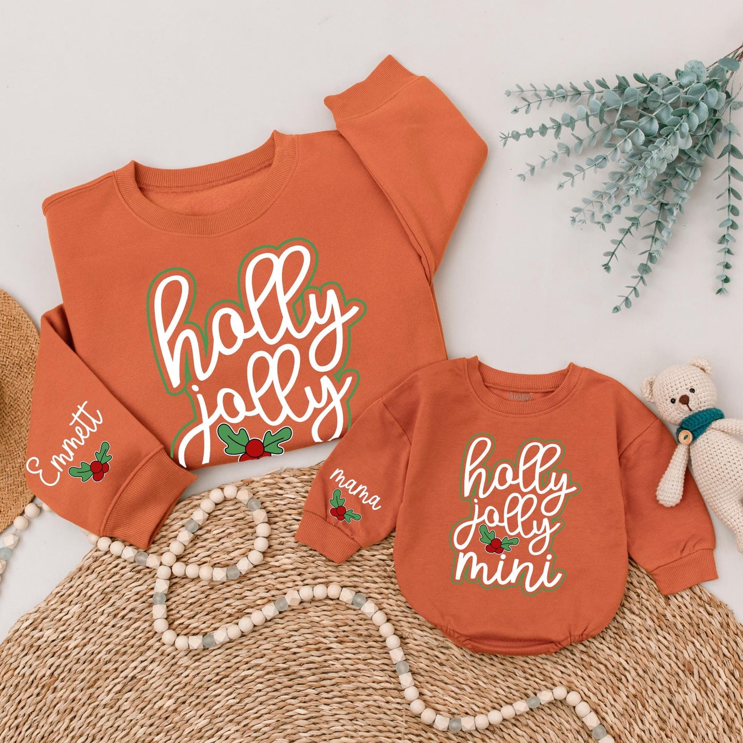Holly Jolly Mama and Mini Matching Christmas Sweatshirts, Festive Mommy and Me Holiday Outfit, Personalized Sleeve, Cute Family Xmas Gift, Red & Green 139 chars
