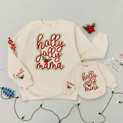 Holly Jolly Mama and Mini Matching Christmas Sweatshirts, Festive Mommy and Me Holiday Outfit, Personalized Sleeve, Cute Family Xmas Gift, Red & Green 139 chars