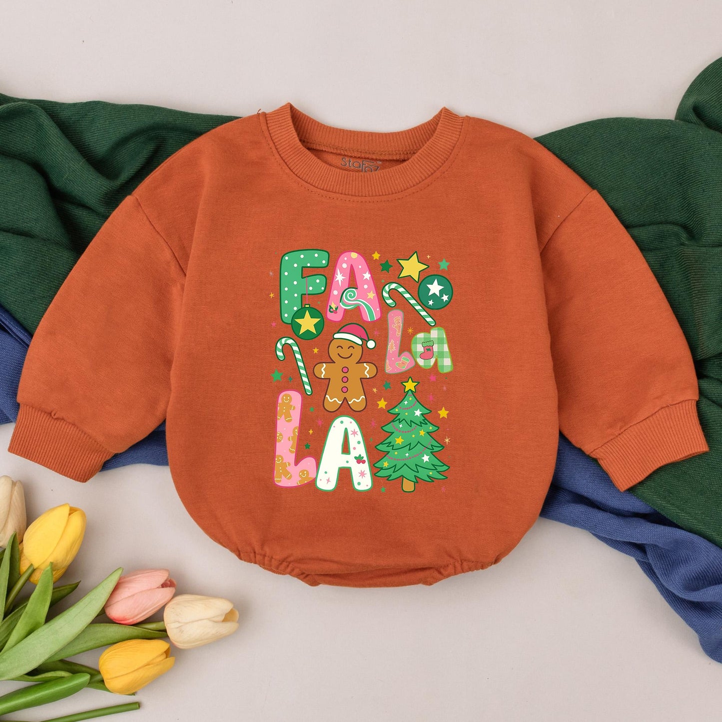 Fa La La Christmas Romper Baby Girl Outfit First Christmas Bodysuit Preppy Holiday Newborn Clothes Gingerbread Man Tree Pink Green 133 char