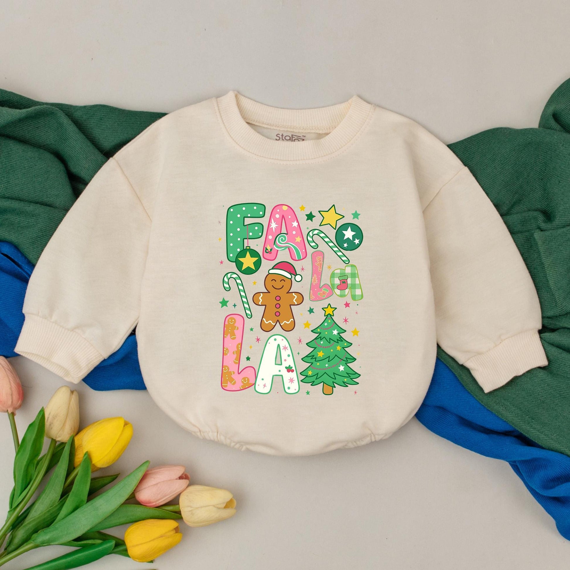 Fa La La Christmas Romper Baby Girl Outfit First Christmas Bodysuit Preppy Holiday Newborn Clothes Gingerbread Man Tree Pink Green 133 char