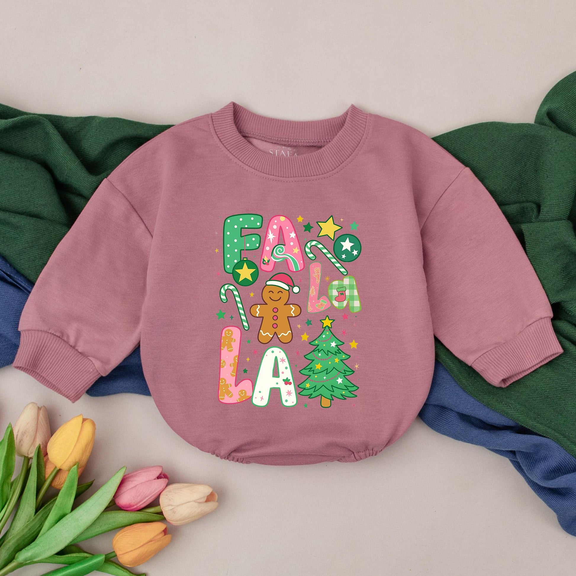 Fa La La Christmas Romper Baby Girl Outfit First Christmas Bodysuit Preppy Holiday Newborn Clothes Gingerbread Man Tree Pink Green 133 char