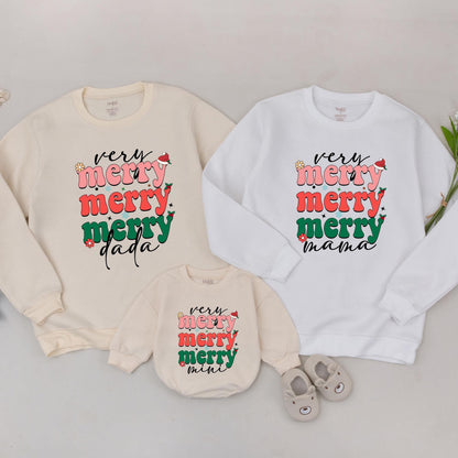 Very Merry Mama Sweatshirt Retro Christmas Family Matching Outfits, Personalized Dada Mini, Vintage Holiday Crewneck, Pink Red Green Text Sweaters