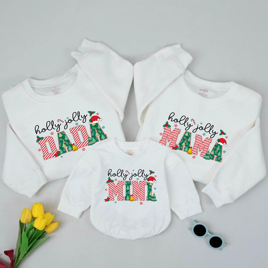 Holly Jolly Mama Dada Mini Matching Family Christmas Sweaters Festive Candy Cane & Tree Design Cozy Xmas Outfits