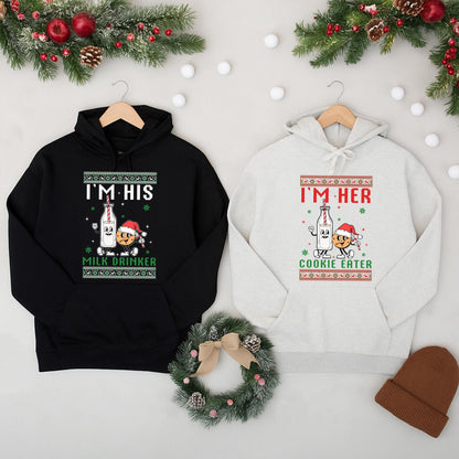 I'm Her Cookie Eater I'm His Milk Drinker Xmas Sweater Funny Matching Couple Holiday Shirts Festive Coordinating Festive Holiday Outfits for Couples Christmas Party Season