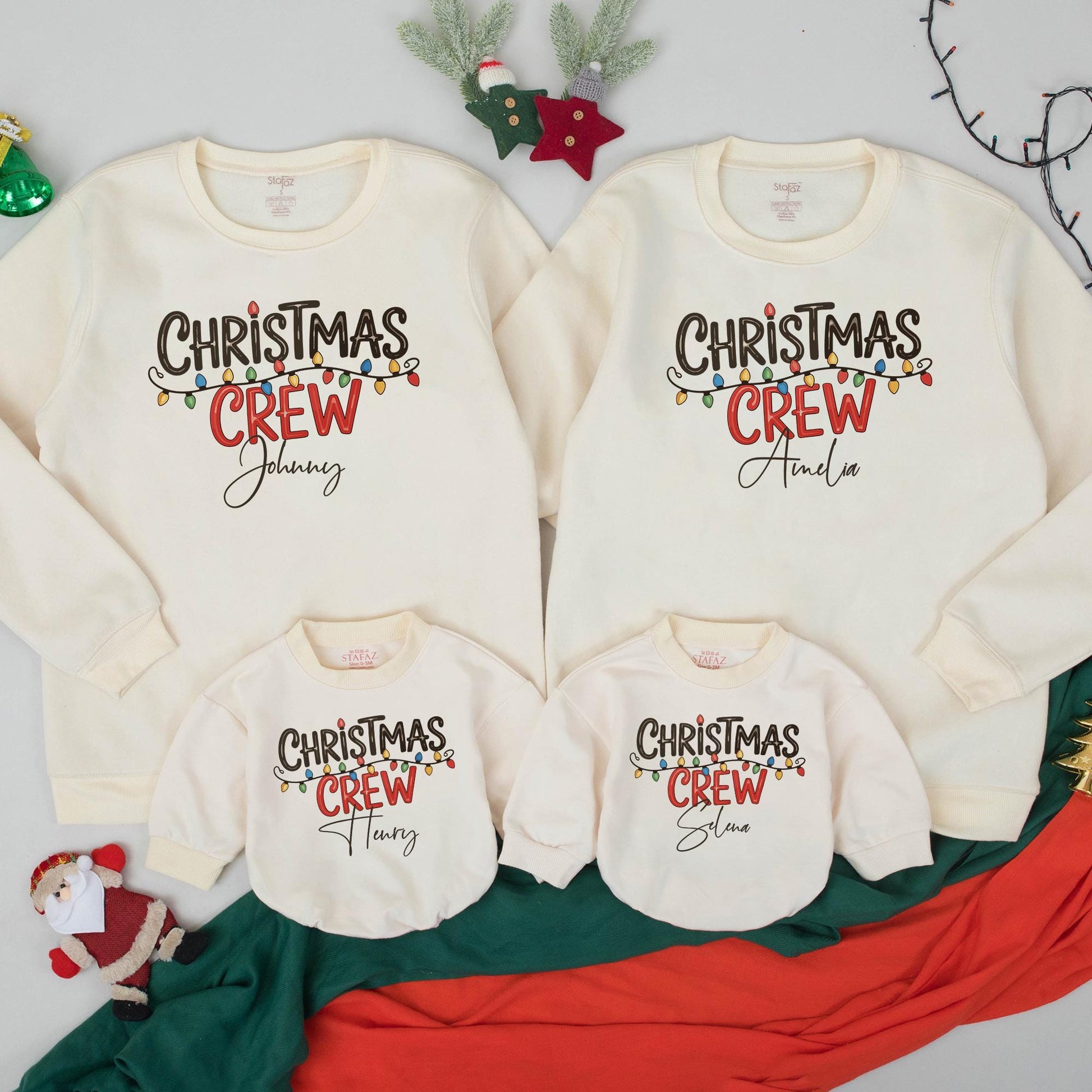 Personalized Christmas Crew Sweatshirt: Custom Name Holiday Lights Family Matching Cotton Crewneck, Cheerful Festive Christmas Gift Idea for Squad, Mama Shirt