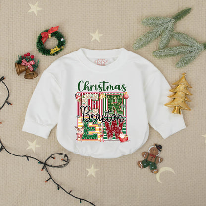 Personalized Christmas Name Romper Braxton Lew Xmas Baby Outfit Custom Family Holiday Babysuit, Playful Festive First Christmas Gift, Photo Clothes 138 Chars