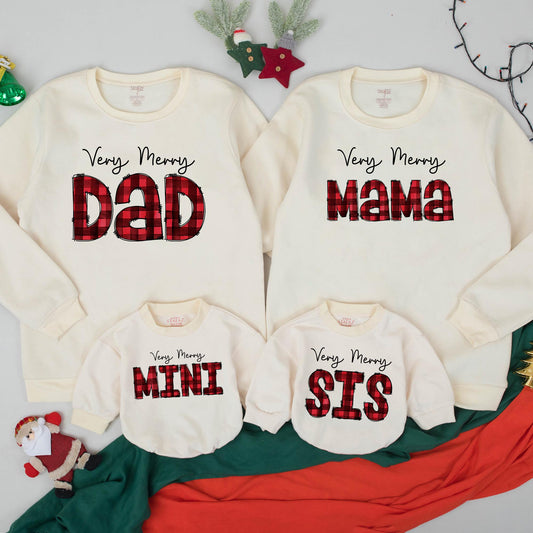 Matching Very Merry Family Christmas Sweatshirts: Buffalo Plaid Dad, Mama, Mini, Sis Cotton Gift
