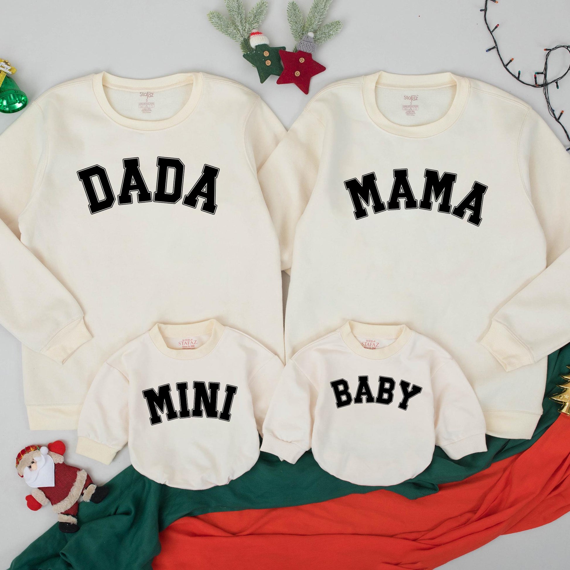 Matching Family Christmas Sweatshirts: Dada, Mama, Mini, Baby - Black Block Text Outfits for Holiday Pictures, Cotton, Comfortable