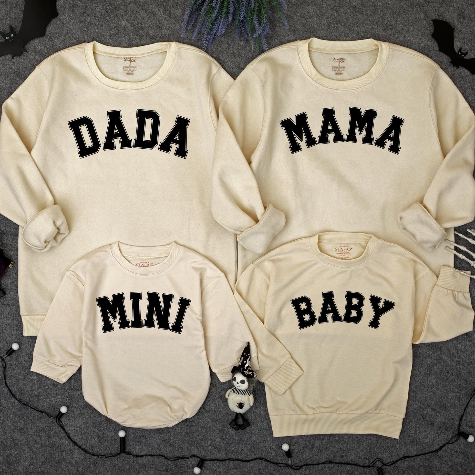Matching Family Christmas Sweatshirts: Dada, Mama, Mini, Baby - Black Block Text Outfits for Holiday Pictures, Cotton, Comfortable