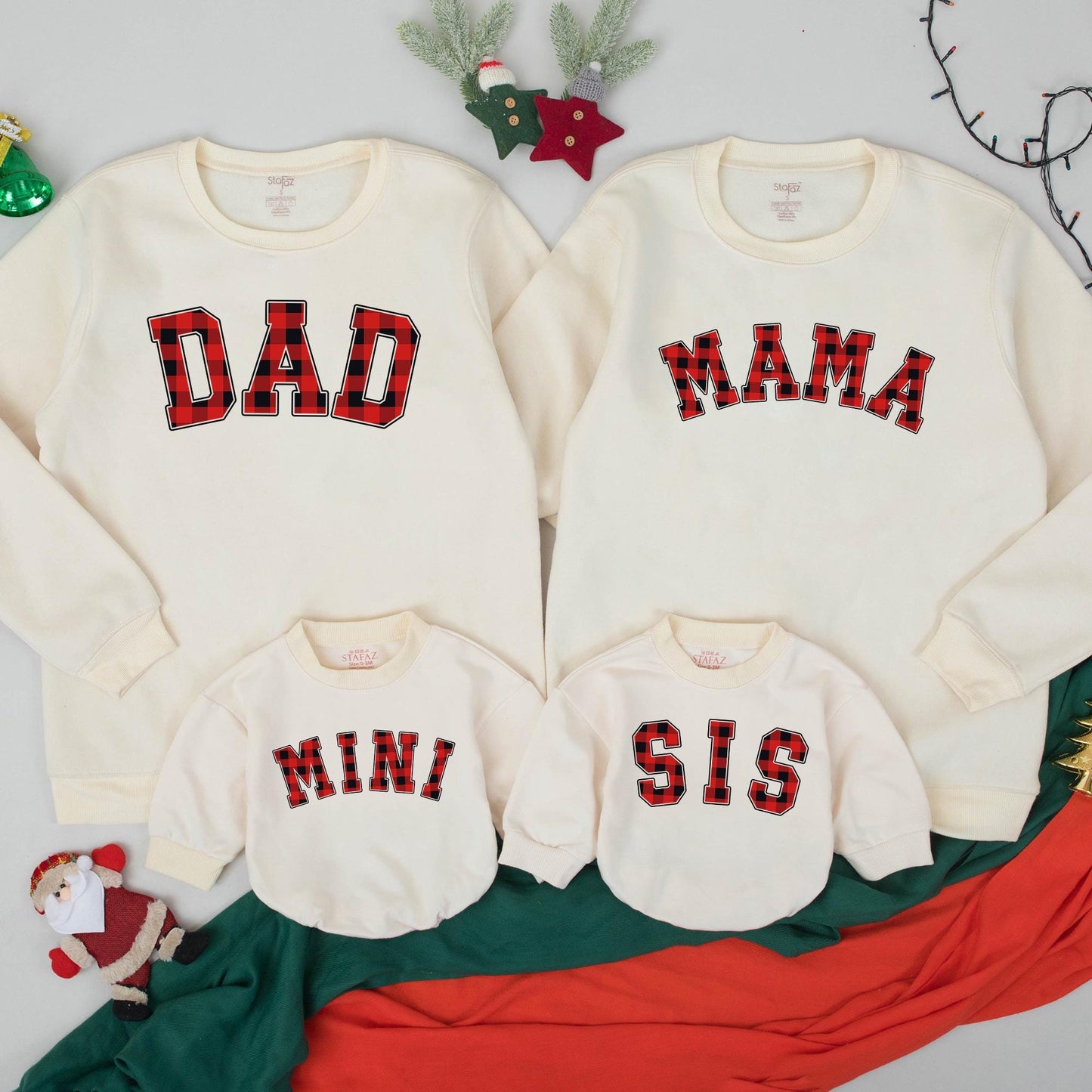 Custom Mama Dada Mini Sis Plaid Matching Family Sweatshirts Baby Romper Christmas Outfit