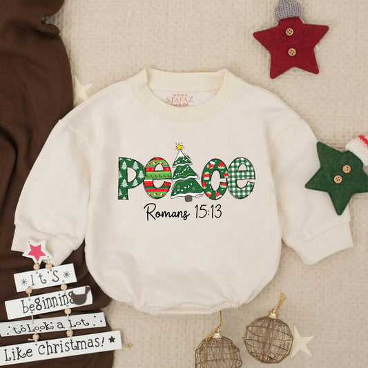 Peace Christmas Baby Bubble Romper Infant Outfit with Festive Graphics, Religious Holiday Gift, Toddler Christian Clothes
