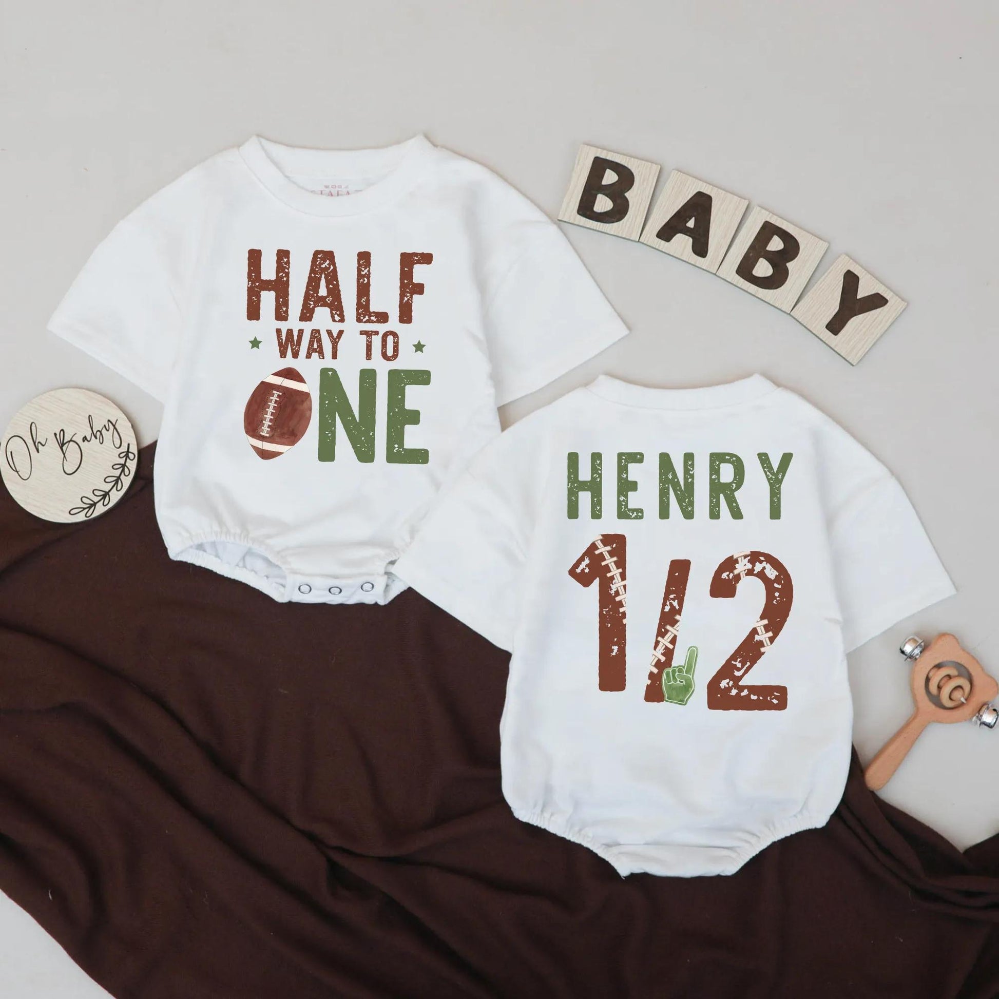 Personalized Half Way To One Football Birthday Bubble Romper Baby Boy Outfit for his six month game day celebration, a unique custom bodysuit